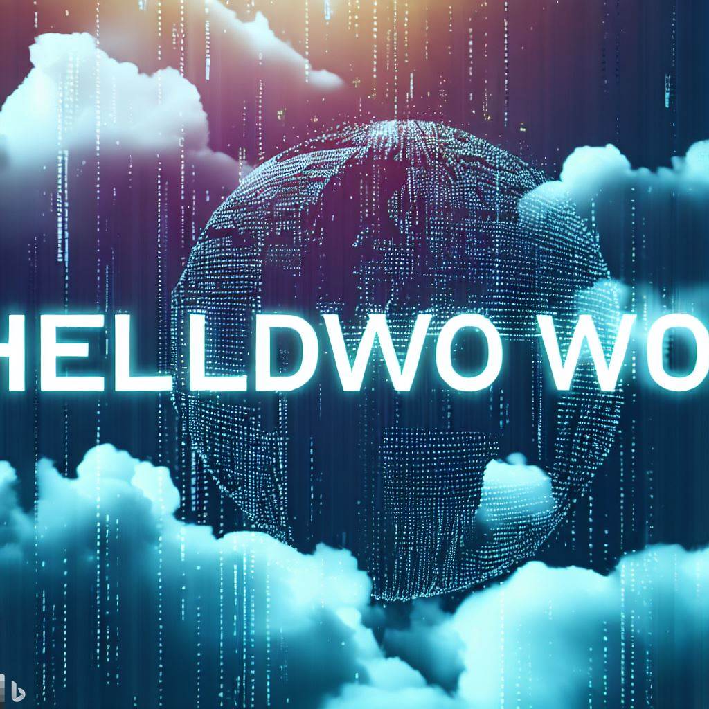 Bing Image Creator: Create a hello world image for a cloud technology blog that includes the text "hello world", futurism